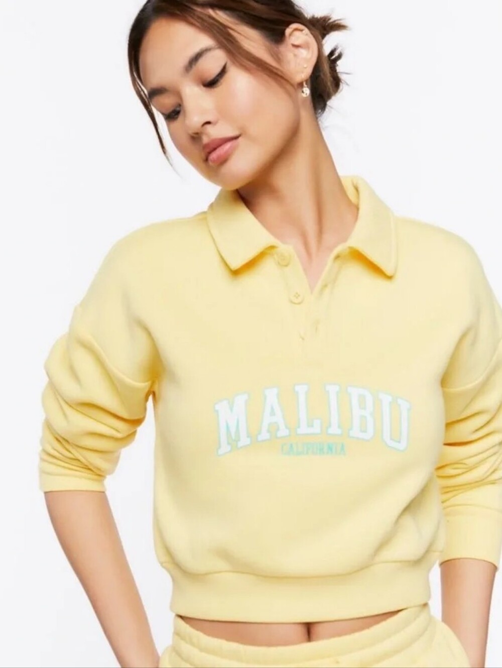 Forever 21 MALIBU Cropped Yellow Collared Sweatshirt Size L NWT